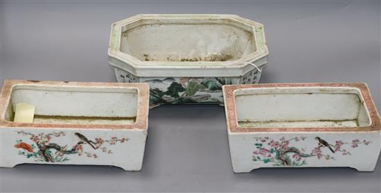 A pair of Chinese famille rose narcissus pots, Tongzhi mark and period and a Chinese enamelled porcelain jardiniere longest 26cm